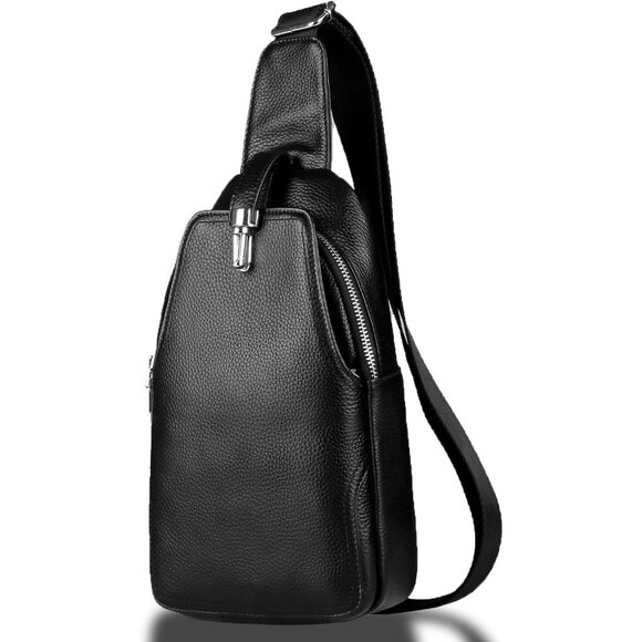 Genuine Leather Sling Bag fo Men and Women Crossbody Purse Travel Daypack Black